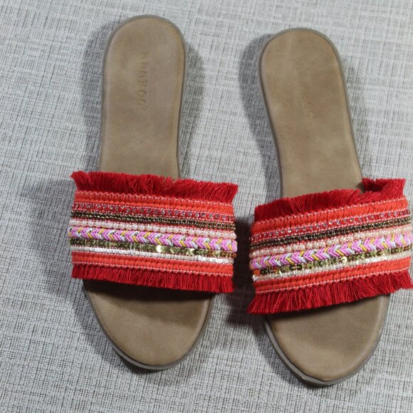 NWOT Bamboo Brightly Colored Frill and Beads Flat Sandals - Picture 1 of 5